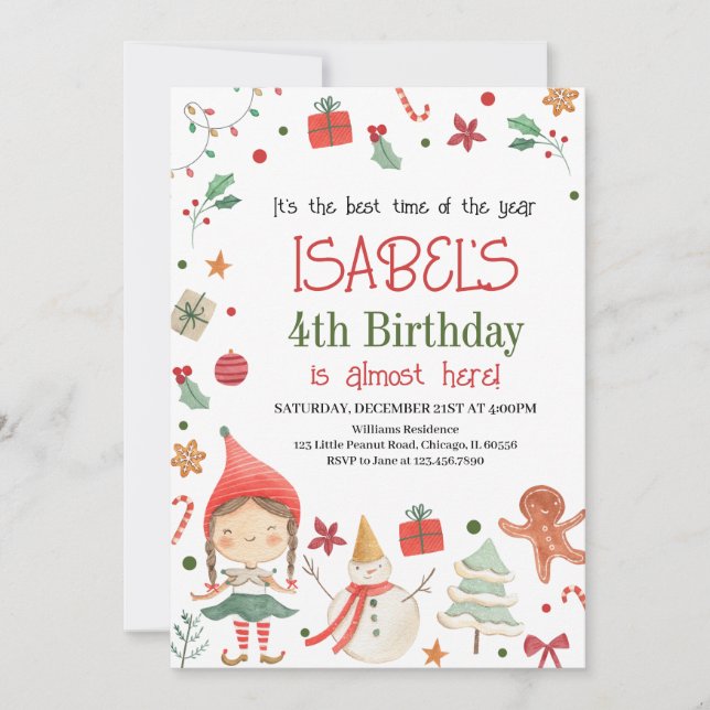 Girl Santa Elf Birthday Inbjudningar (Framsida)