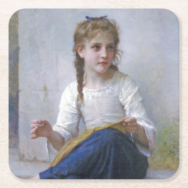 Girl Sewing, Bouguereau Underlägg Papper Kvadrat (Framsidan)