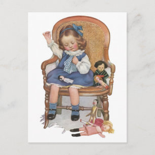Girl Sewing Dollies Vykort