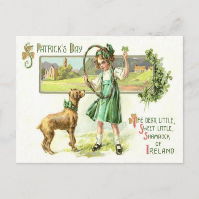 Girl Shamrock Fyrklövra Hund Ring Vykort (Framsida)