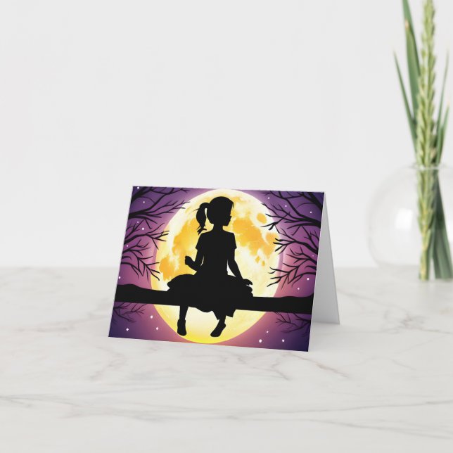 Girl Silhouette på Träd med Måne Anteckningskort (Framsida)