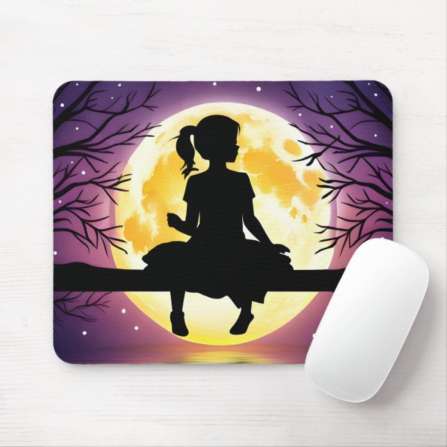 Girl Silhouette på Träd med Måne Musmatta (Med mus)