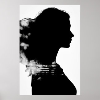 Girl Silhouette Scenia Black & White Modern Art Poster