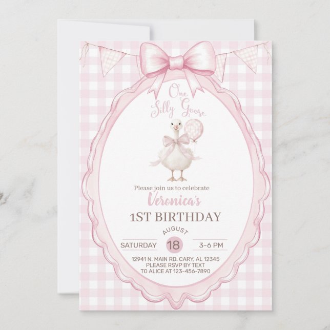 Girl Silly Goose 1st first birthday invite, goose. Inbjudningar (Framsida)