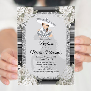 Girl Silver White Mexican Baptism-inbjudan Inbjudningar
