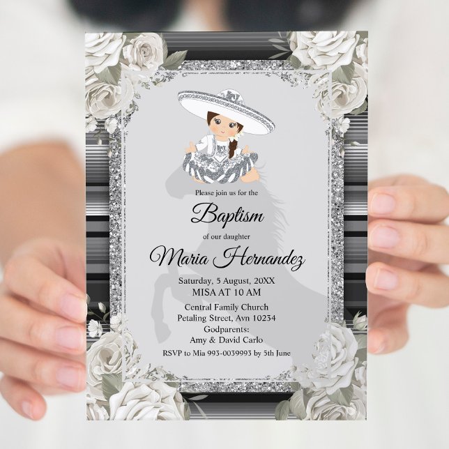 Girl Silver White Mexican Baptism-inbjudan Inbjudningar (Skapare uppladdad)