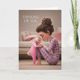 Girl Sitting with Bunny in Pajamas Thinking of You Kort