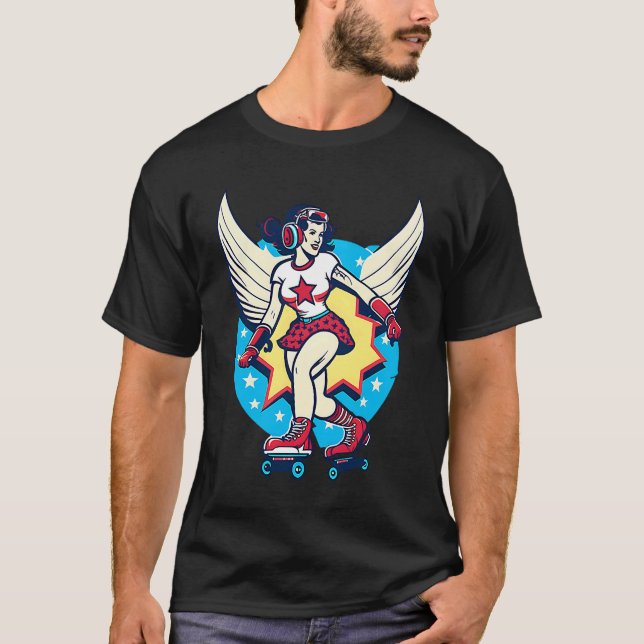 Girl Skating Wings Roller Derby T Shirt (Framsida)