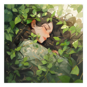 Girl Sleeping in Forest Anime Fototryck