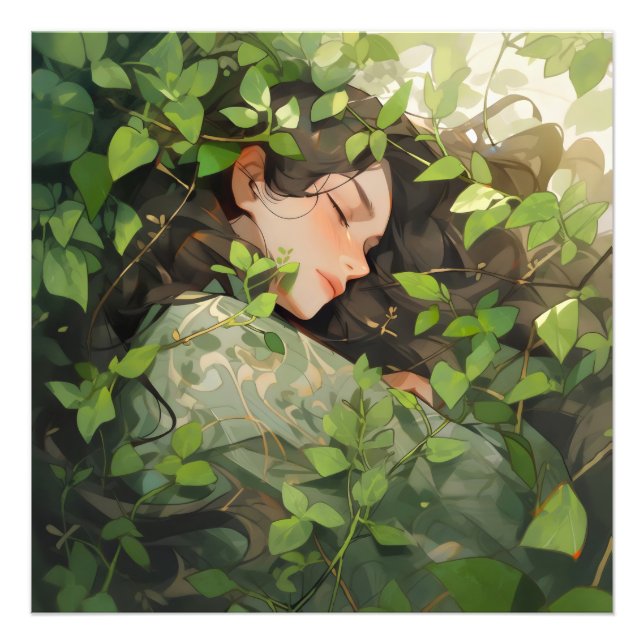 Girl Sleeping in Forest Anime Fototryck (Framsidan)