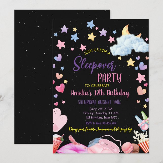 Girl Sleepover Party Tonåring barn Slumber Birthda Inbjudningar (Fram/baksida)