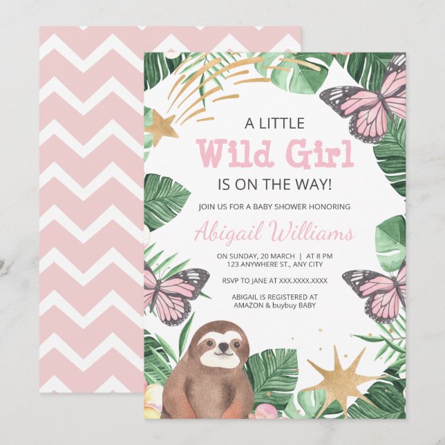 Girl/Sloth/Butterfly/Faux Guld Baby Shower Inbjudningar (Fram/baksida)