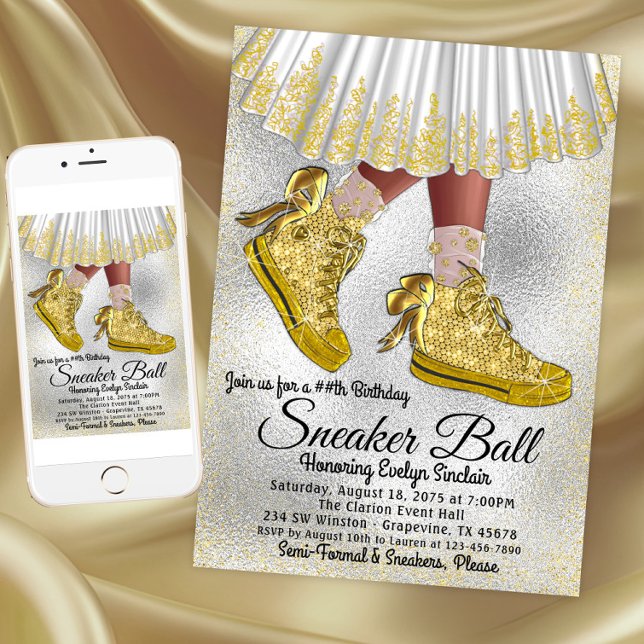 Girl Sneaker Boll Födelsedagsfest inbjudan (Girl Gold Sneaker Ball Birthday Party Invitation. Instant download and printed invitations available)
