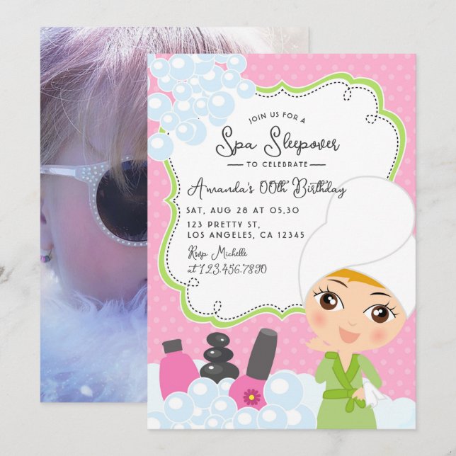 Girl Spa Födelsedagsfest inbjudan (Fram/baksida)