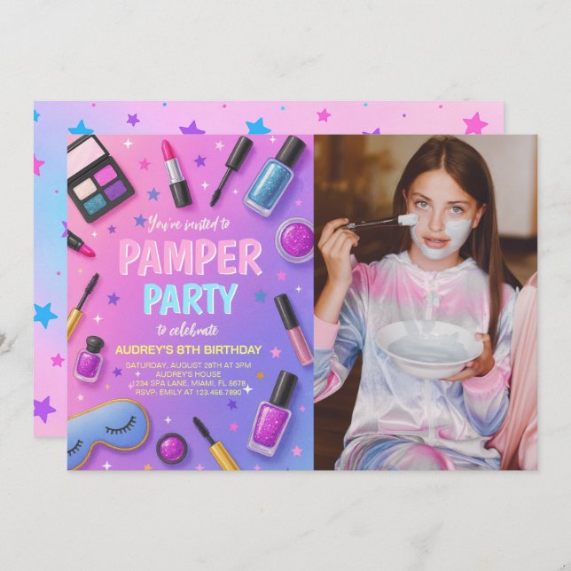 Girl Spa Pamper Party Birthday Photo Invitation Inbjudningar (Fram/baksida)