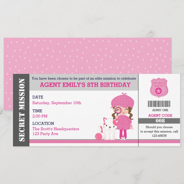Girl Spy/Detektiv Biljett Birthday-inbjudningar Inbjudningar (Fram/baksida)