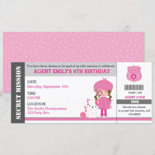 Girl Spy/Detektiv Biljett Birthday-inbjudningar Inbjudningar