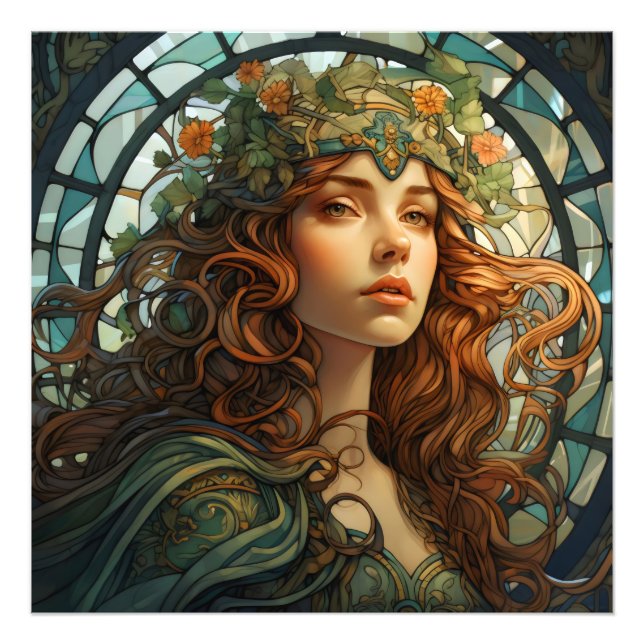 Girl Stached Glass Art nouveau Fototryck (Framsidan)