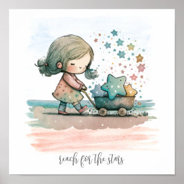 Girl Stars Watercolor Nursery Wall Art Poster