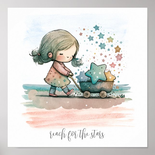 Girl Stars Watercolor Nursery Wall Art Poster (Framsidan)