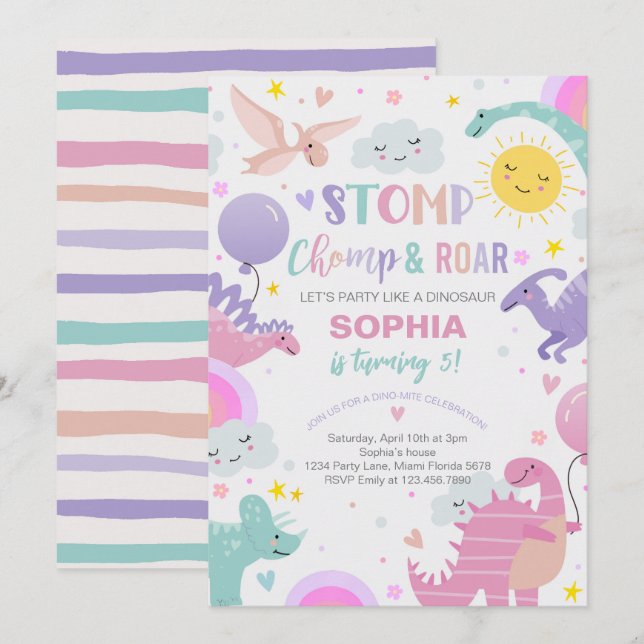 Girl Stomp Chomp & Roar Dinosaur Birthday Inbjudningar (Fram/baksida)