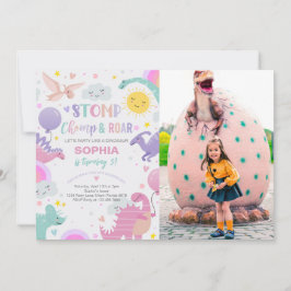 Girl Stomp Chomp & Roar Dinosaur Birthday Photo Inbjudningar