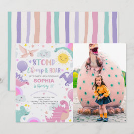 Girl Stomp Chomp & Roar Dinosaur Birthday Photo Inbjudningar
