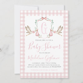 Girl Stork Baby Shower Preppy Gingham Rosa Inbjudningar