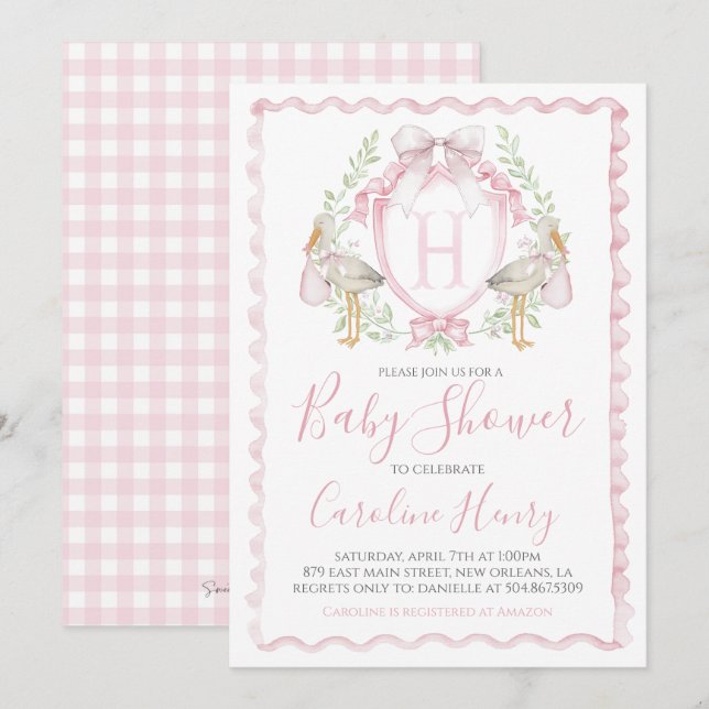 Girl Stork Baby Shower Preppy Gingham Rosa Inbjudningar (Fram/baksida)