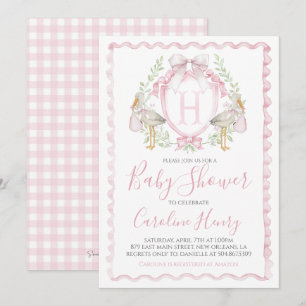 Girl Stork Baby Shower Preppy Gingham Rosa Inbjudningar