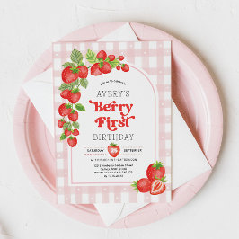 Girl Strawberry Berry First 1 Birthday Party Inbjudningar