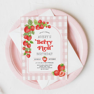 Girl Strawberry Berry First 1 Birthday Party Inbjudningar