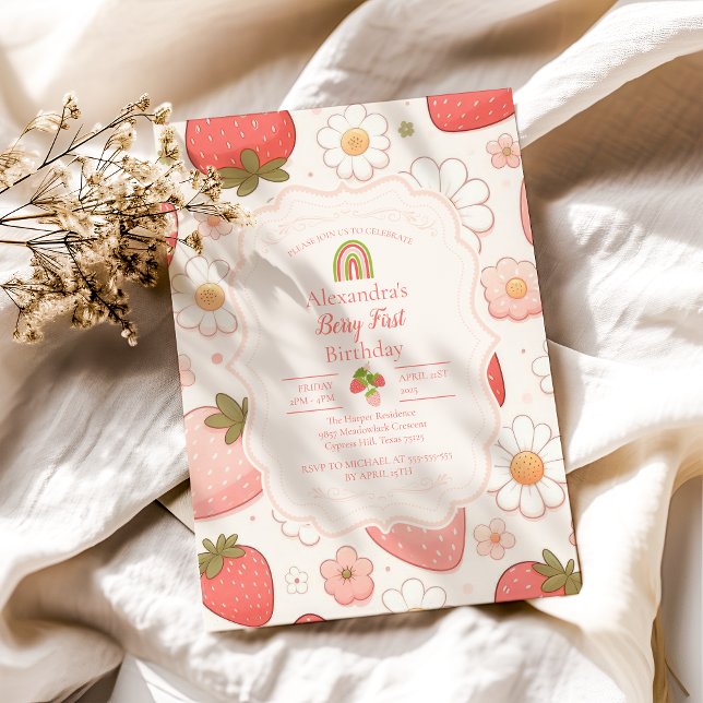 Girl Strawberry Berry First 1 Birthday Party Inbjudningar (Skapare uppladdad)