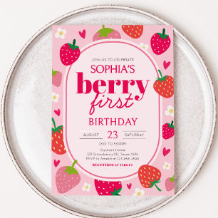 Girl Strawberry Berry First Födelsedagsfest Inbjudningar