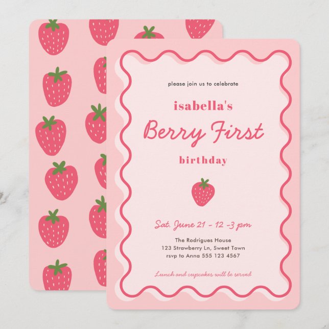 Girl Strawberry Berry Första födelsedag Inbjudningar (Fram/baksida)