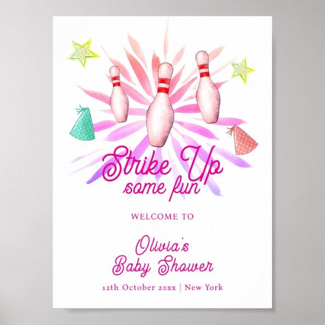 Girl Strike Up Bowling Baby Shower Welcome Poster (Framsidan)