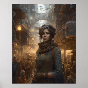 Girl Strullande i en Steampunk-gata Poster