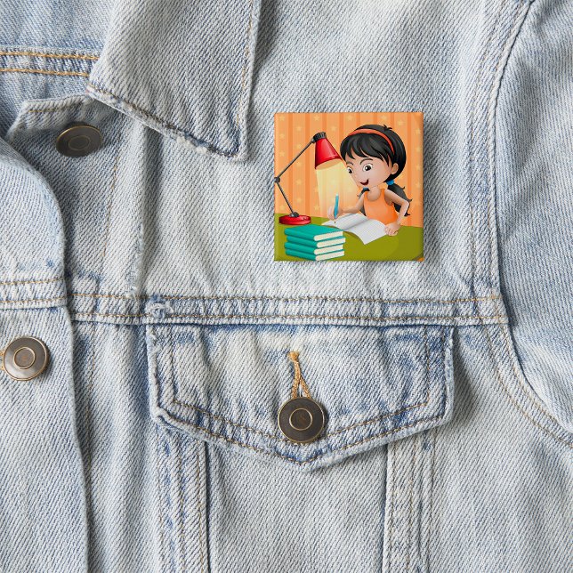 Girl Studying at Desk Doing Homework Knapp (Skapare uppladdad)