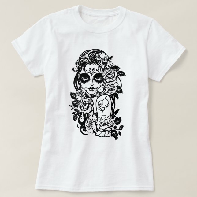 Girl Sugar Skull i blommor T Shirt (Design framsida)