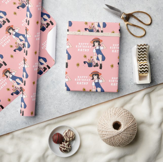  Girl Sunblommblommor Flower Grattis på födelsedag Presentpapper (Hantverk)