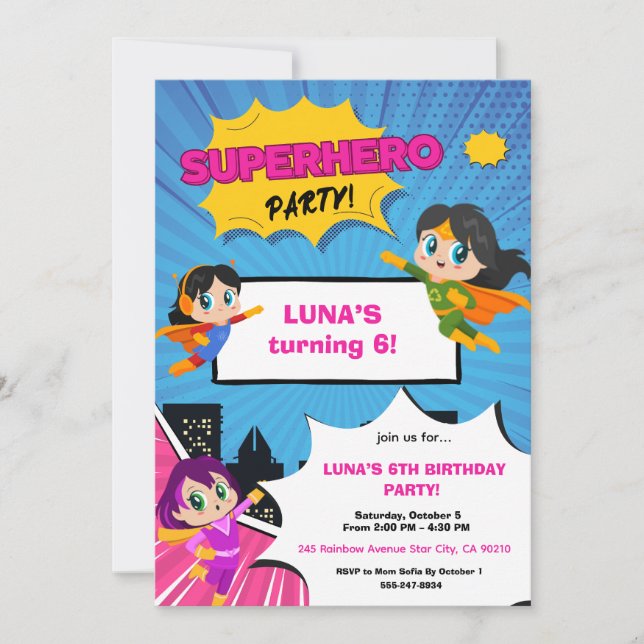 Girl Superhero Birthday Invitation Inbjudningar (Framsida)