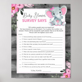 Girl Survey säger Baby Shower Game Rosa Elephant Poster