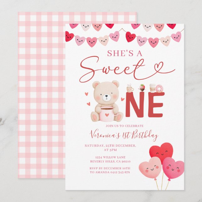 Girl Sweet One Bear Valentine Birthday Gift Party Inbjudningar (Fram/baksida)