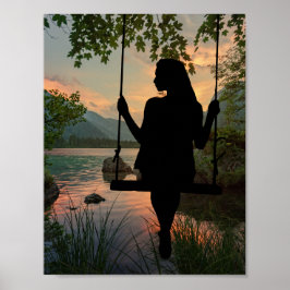 Girl Swinging Silhouette Sjö Summer Sunset Poster