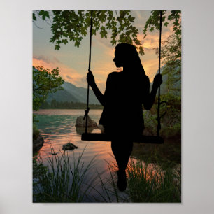 Girl Swinging Silhouette Sjö Summer Sunset Poster