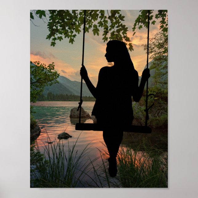 Girl Swinging Silhouette Sjö Summer Sunset Poster (Framsidan)