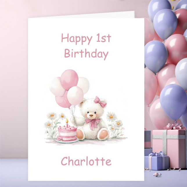 Girl Teddy Bear 1st Birthday Kort (Skapare uppladdad)