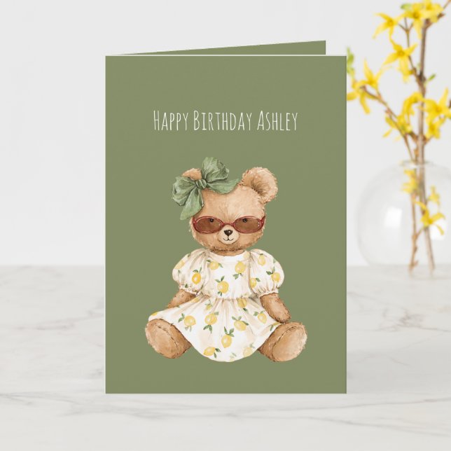 Girl Teddy Bear Green Bow Birthday Kort (Gul blomma)