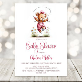 Girl Teddy Bear Wearing Pink Overalls Baby Shower Inbjudningar