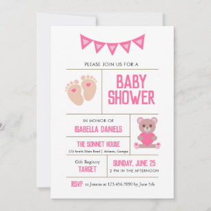 Girl Teddy och Baby Feet Rosa Baby Shower Inbjudningar